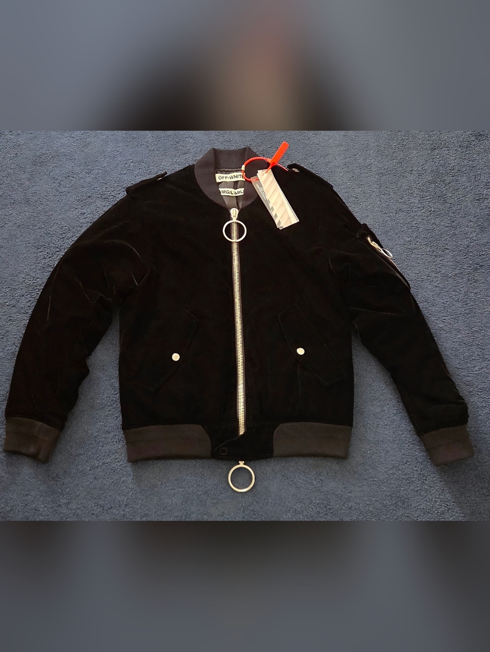 Virgil Abloh Off-White black Velvet Bomber Jacket. Size Small. With Tags